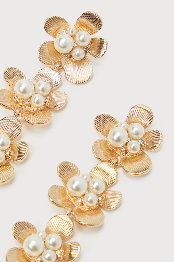 Juliet Gold Flower Pearl Statement Earrings 2