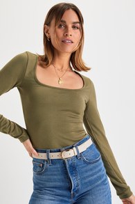 Charming Essential Olive Green Knit Square Neck Long Sleeve Top