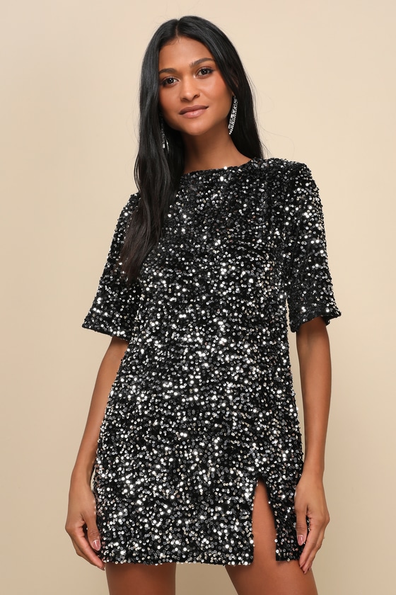 4th & Reckless Marca Silver Sequin Tie-back Short Sleeve Shift Dress In Black