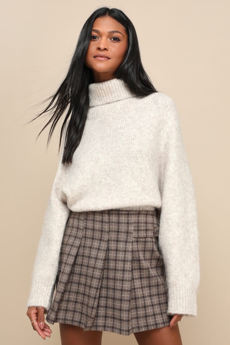 Light Brown Plaid Skirt - Pleated Mini Skirt - Belted Mini Skirt