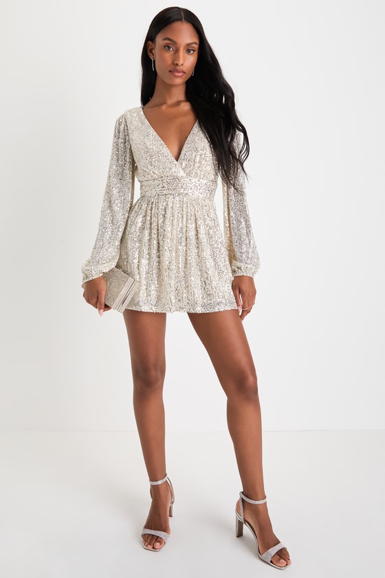 Champagne Sequin Romper Long Sleeve Romper Surplice Romper Lulus