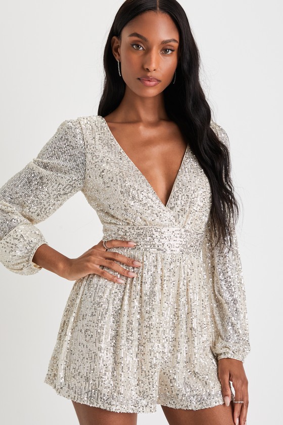 Lulus Watch Me Shine Champagne Sequin Plunge Long Sleeve Romper