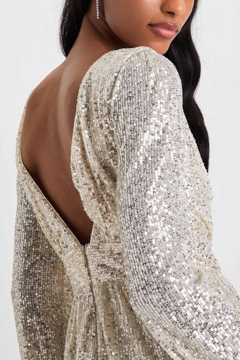 Watch Me Shine Champagne Sequin Plunge Long Sleeve Romper