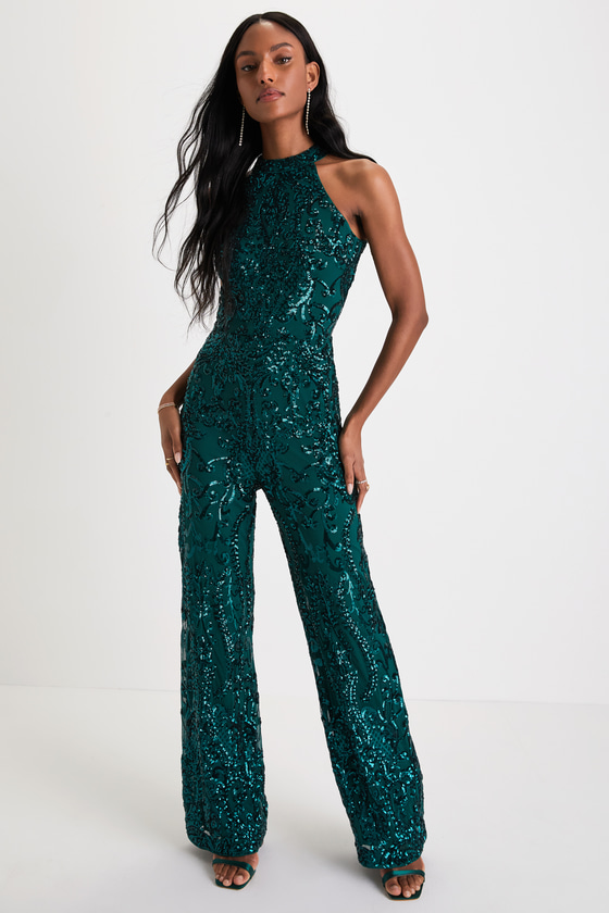 Flirty Emerald Green Jumpsuit Sequin Jumpsuit Halter Jumpsuit Lulus