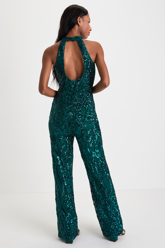 Exceptional Glam Emerald Green Sequin Wide-Leg Halter Jumpsuit 2
