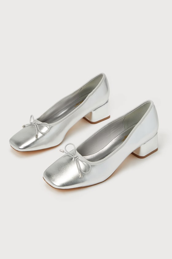 Marny Silver Metallic Low Heel Bow Mary Janes 1