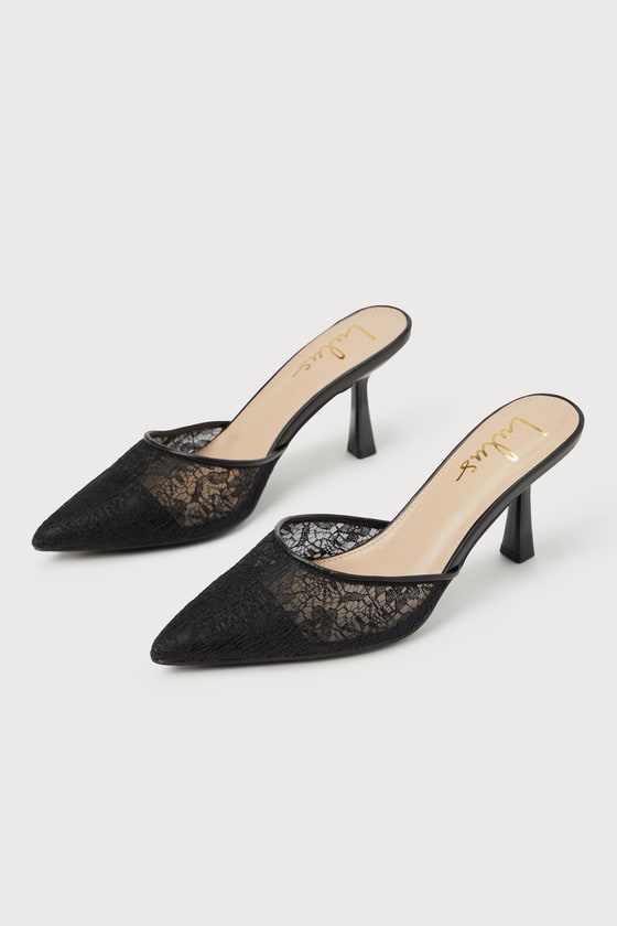 Aiza Black Lace Pointed Toe Mule Pumps