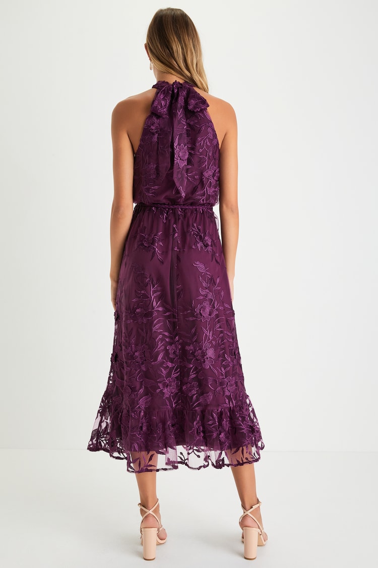 purple floral halter neck bodycon midi dress 3D - Floral Embroidery Dress - Dress Ax paris