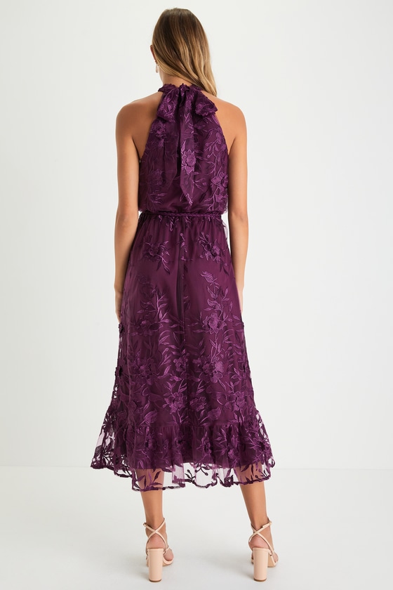 Abundant Glamour Purple 3D Floral Embroidered Halter Midi Dress 2