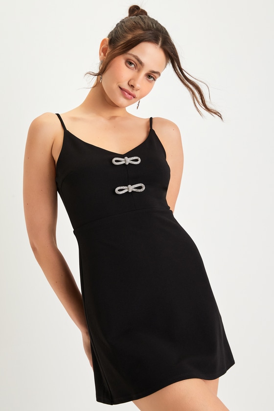 Lulus Chic Luxury Black Rhinestone Bow Sleeveless Mini Dress