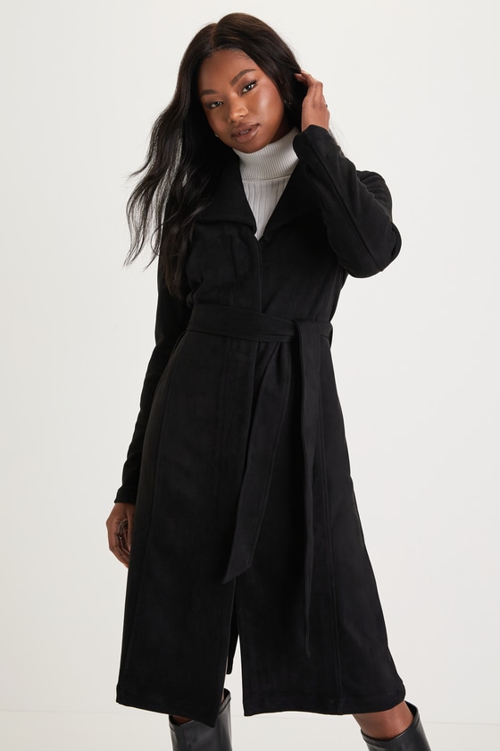 Black Trench Coat - Vegan Suede Coat - Snap-Button Trench Coat - Lulus