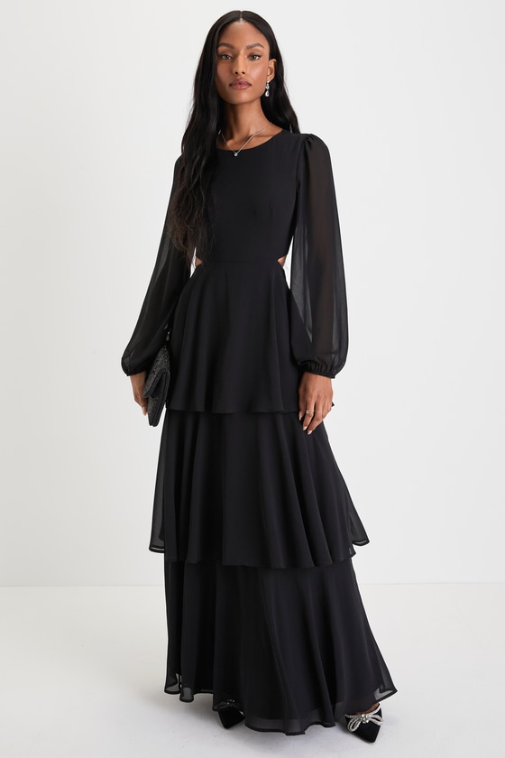 Garden Bliss Black Cutout Long Sleeve Tiered Maxi Dress 1