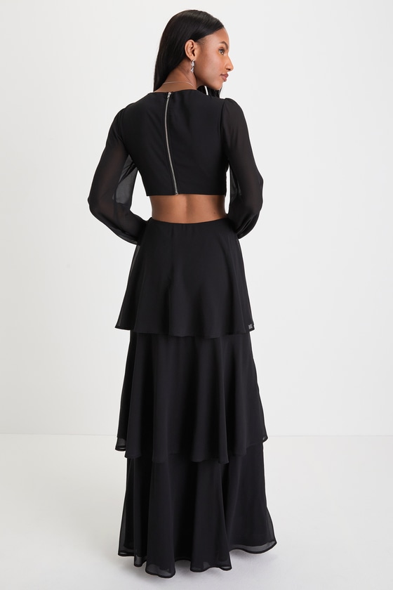 Garden Bliss Black Cutout Long Sleeve Tiered Maxi Dress 2