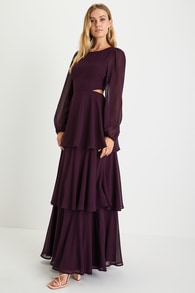 Garden Bliss Plum Purple Cutout Long Sleeve Tiered Maxi Dress