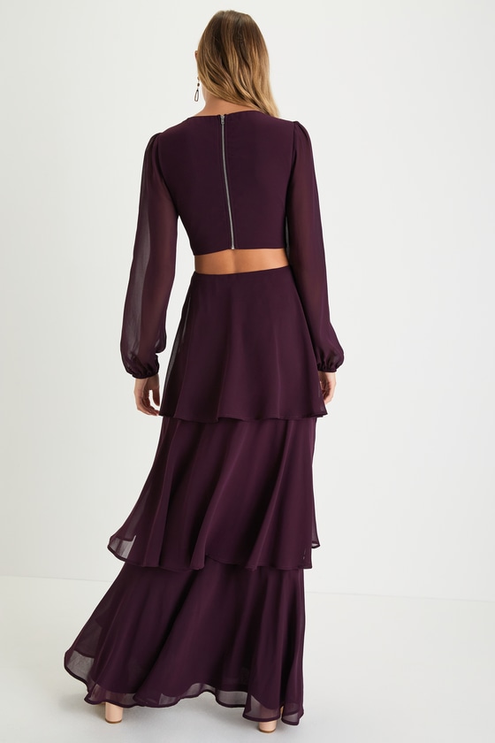 Garden Bliss Plum Purple Cutout Long Sleeve Tiered Maxi Dress 2