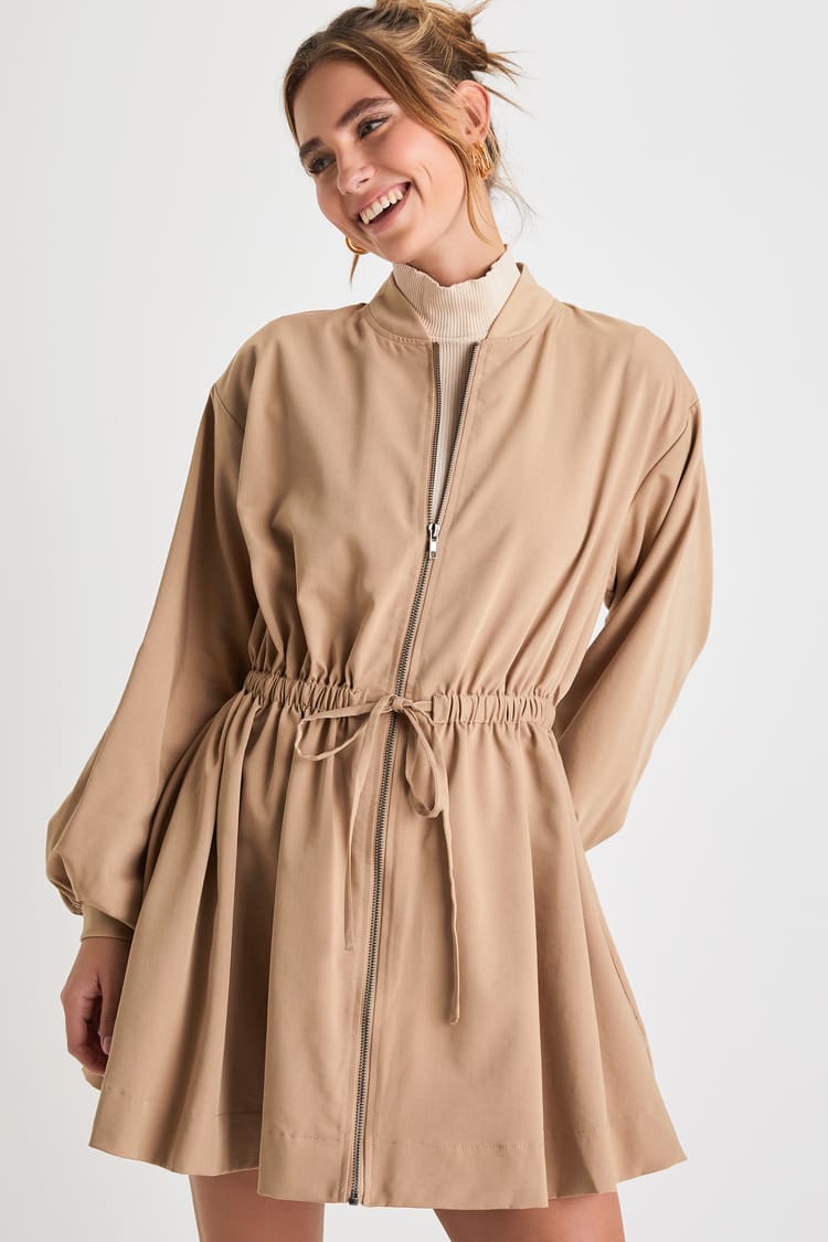 Modern Cutie Light Brown Zip-Front Drawstring Dress With Pockets