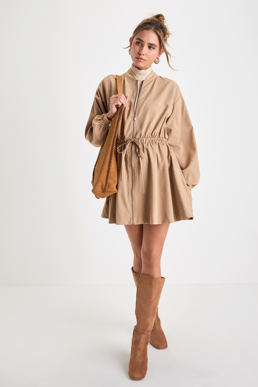 Light Brown Mini Dress - Zip-Front Mini Dress - Skater Mini Dress - Lulus