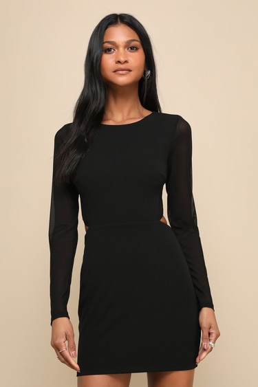 Black Bodycon Dress Back Cutout Dress Long Sleeve Mini Dress