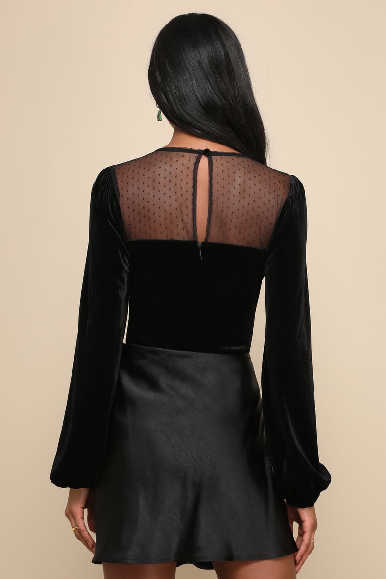 Sweetest Flirt Black Velvet Mesh Swiss Dot Long Sleeve Bodysuit