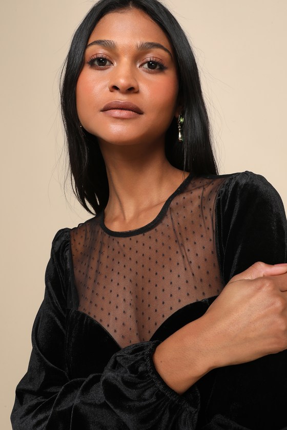 Sweetest Flirt Black Velvet Mesh Swiss Dot Long Sleeve Bodysuit - thumbnail 4