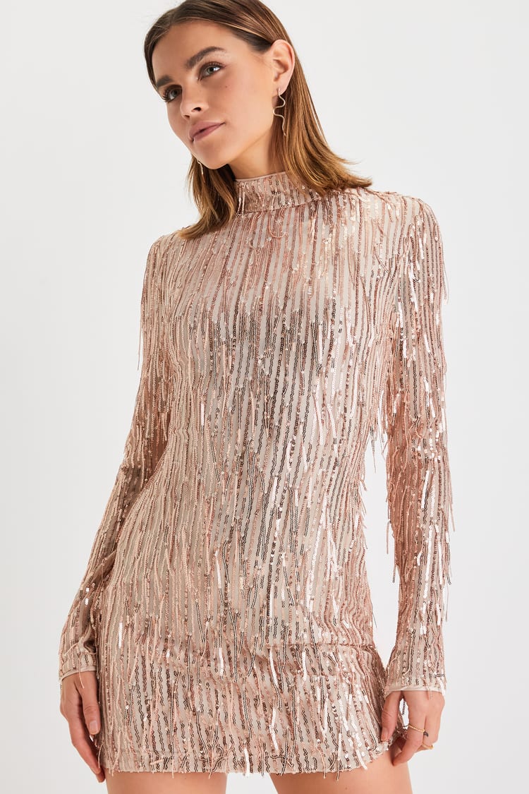 Rose Gold Sequin Dress - Sequin Fringe Dress - Cutout Mini Dress - Lulus