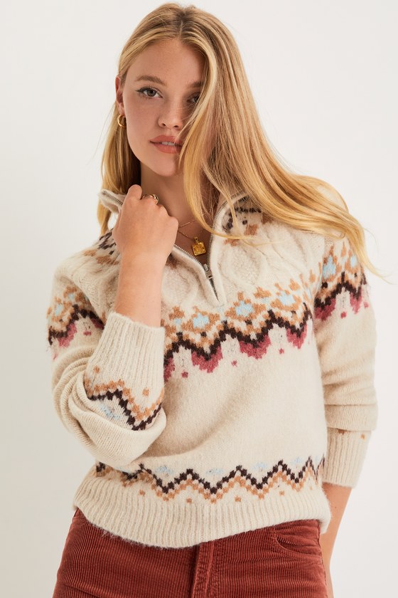 Warm Bliss Beige Multi Knit Half-Zip Sweater 1