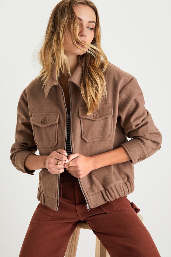Taupe Bomber Jacket - Collared Bomber Jacket - Zip-Up Jacket - Lulus