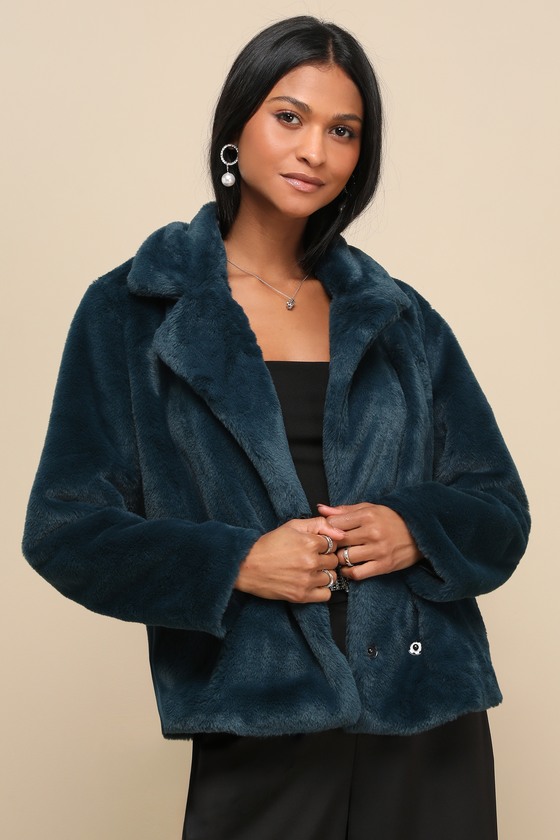 Lulus Seasonal Poise Teal Faux Fur Collared Jacket