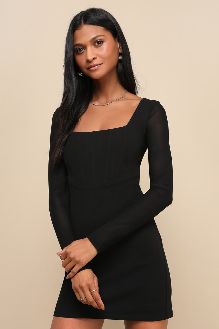 Long Sleeve Beautiful Black Short Dresses Black Mini Dress Mesh
