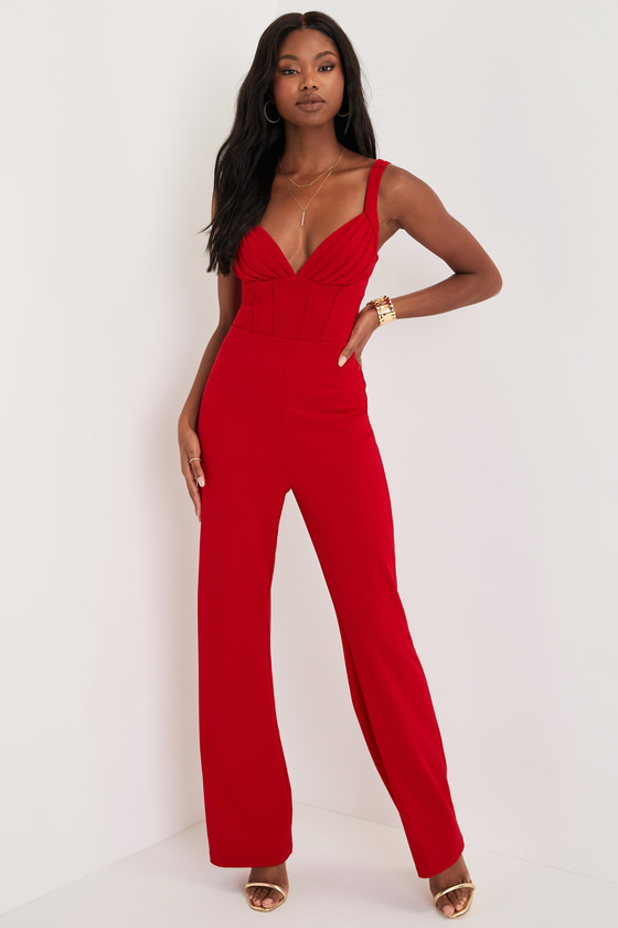 Lulus Modern Diva Red Pleated Sleeveless Bustier Jumpsuit