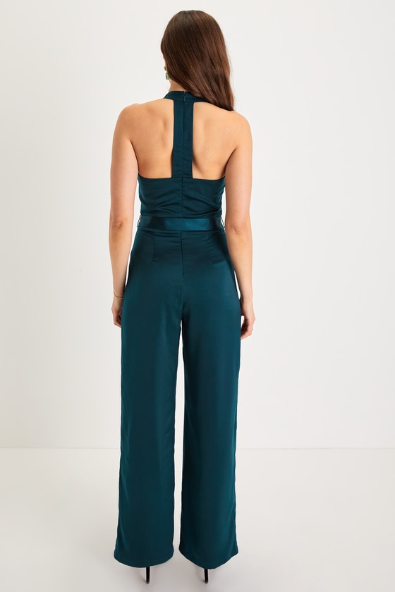 Luxe Vision Dark Teal Satin Halter Wide-Leg Jumpsuit 2