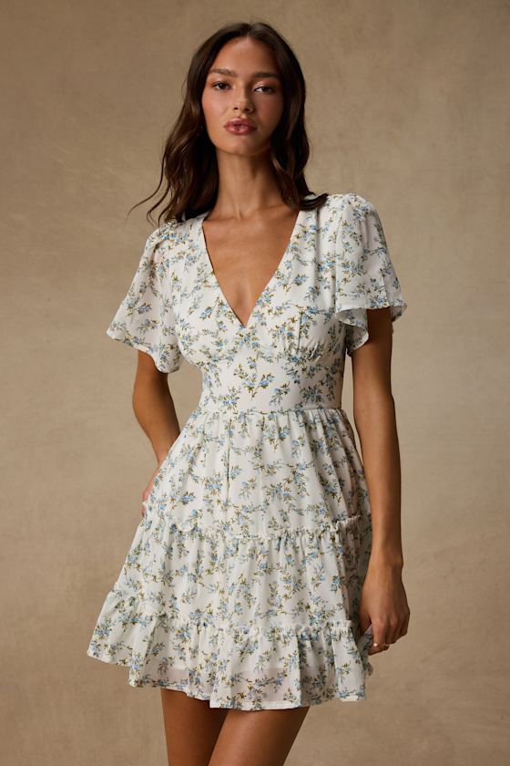 So True White Floral Print Tiered Short Sleeve Mini Dress 2