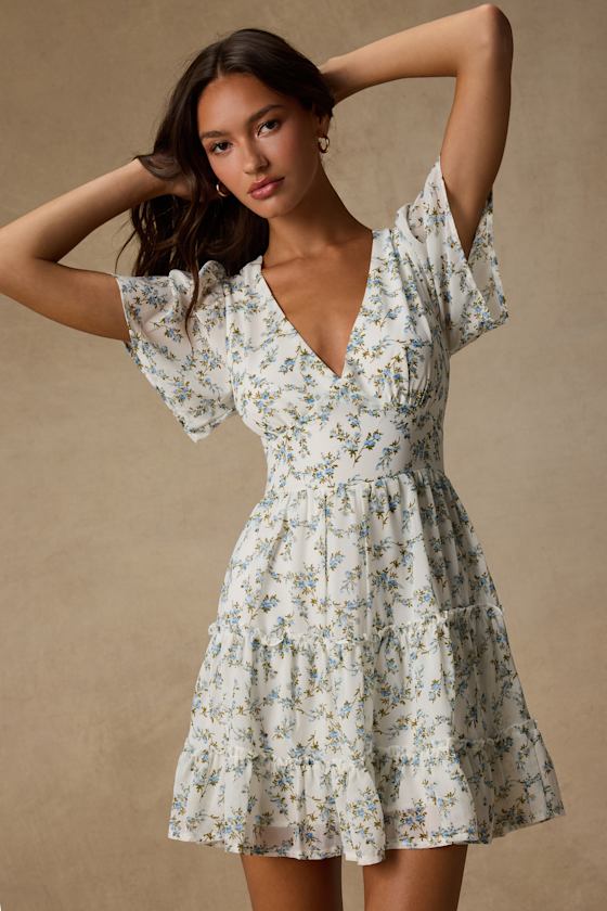 So True White Floral Print Tiered Short Sleeve Mini Dress - thumbnail 5