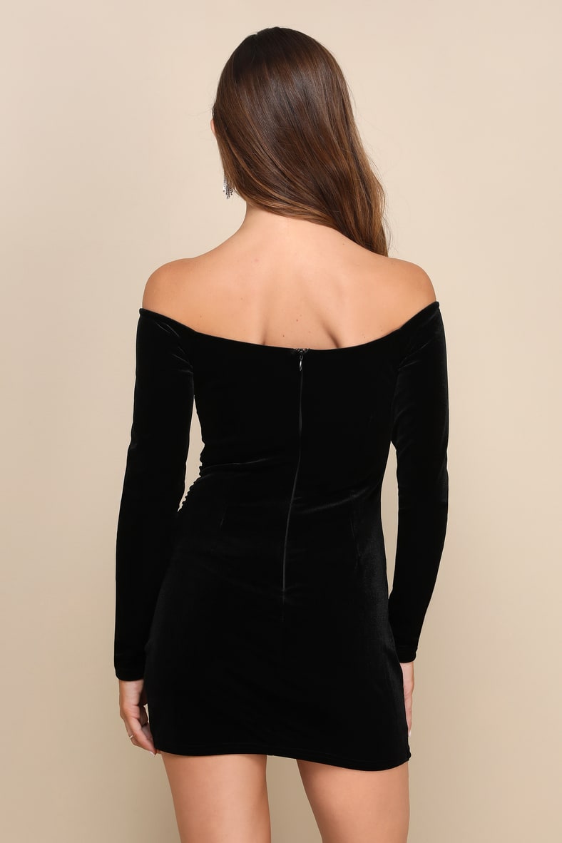 Midnight Aura Black Velvet Off-the-Shoulder Mini Bodycon Dress