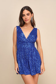Watch Me Shine Royal Blue Sequin Plunge Sleeveless Romper