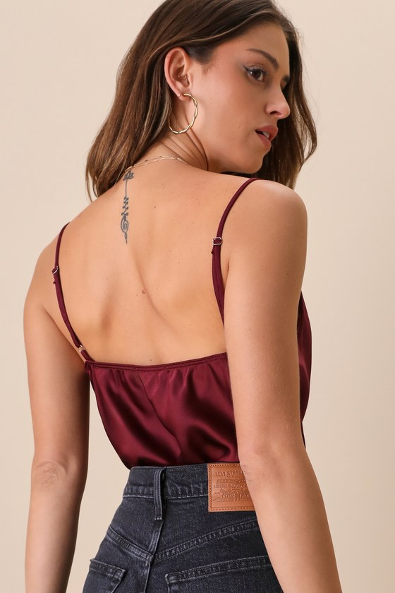 Emmerson Burgundy Satin Sleeveless Cowl Neck Bodysuit 12