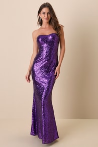 Astonishing Shine Purple Sequin Strapless Mermaid Maxi Dress
