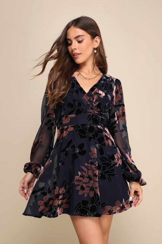 Lulus Stunning Feeling Navy Blue Velvet Floral Burnout Mini Dress