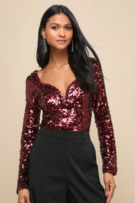 Dazzling Charisma Burgundy Sequin Notched Long Sleeve Top