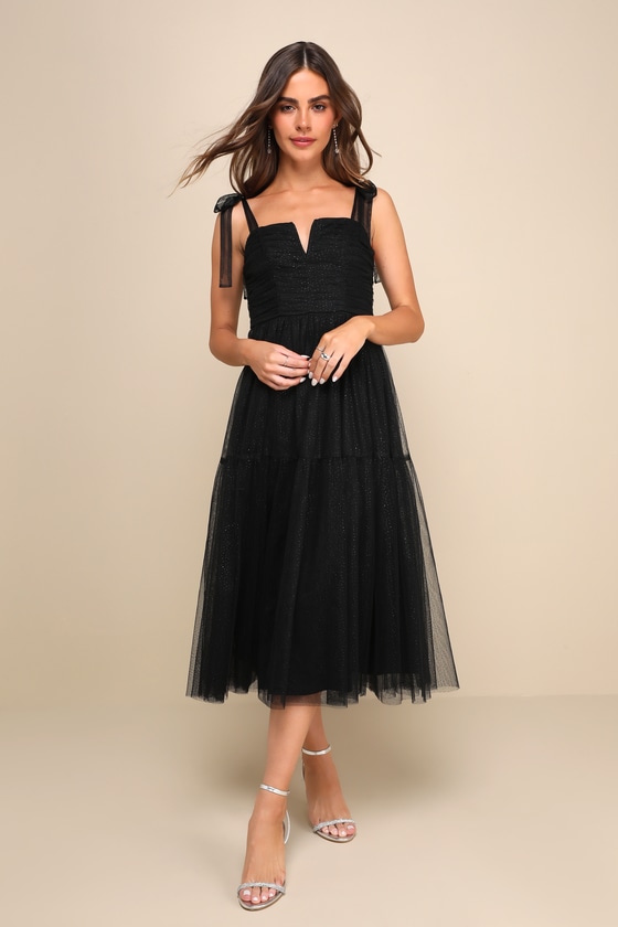 Lulus Twinkling Star Black Glitter Tulle Tie-strap Midi Dress