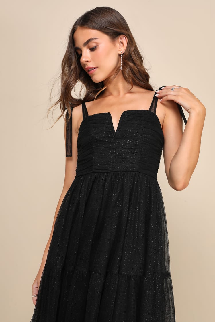 Black Midi Dress - Tulle Glitter Dress - Tie-Strap Midi Dress - Lulus