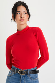 Obvious Essential Red Mock Neck Ruched Long Sleeve Top