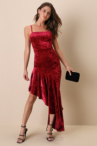 Crush On Me Wine Red Crushed Velvet Asymmetrical Maxi Dress
