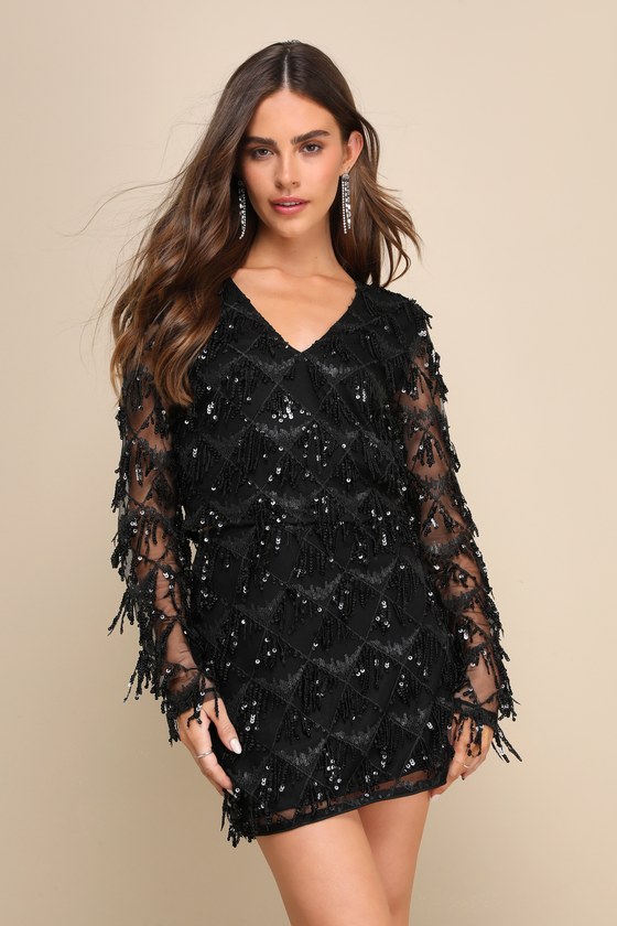 Black Long Sleeve Top - Black V-Neck Top - Sequin Fringe Top - Lulus