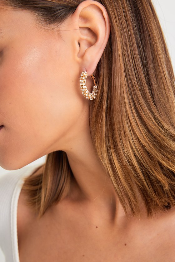 Lulus Sophisticated Glow Gold Rhinestone Hoop Earrings