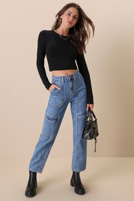 Ready to Vibe Medium Wash High-Rise Straight Leg Cargo Jeans 1