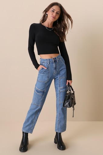 Ready to Vibe Medium Wash High-Rise Straight Leg Cargo Jeans 1