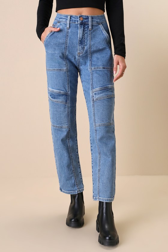 Ready to Vibe Medium Wash High-Rise Straight Leg Cargo Jeans 7