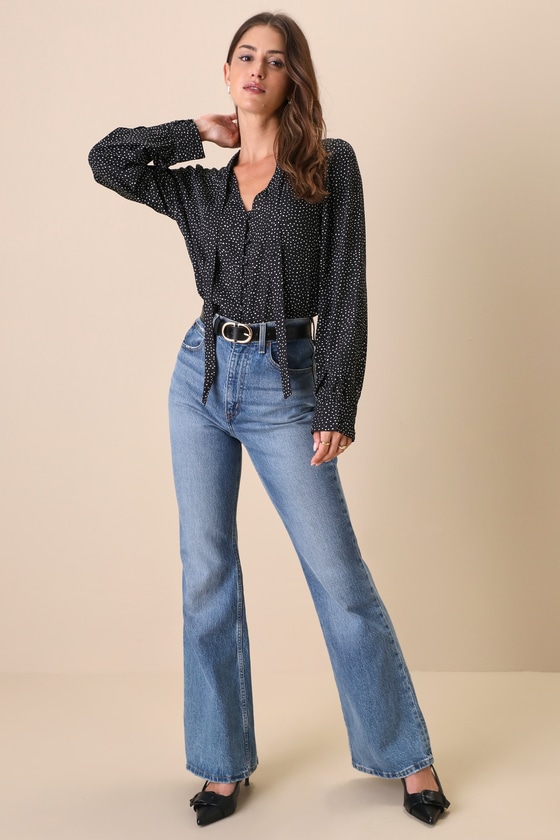On the Spot Black Polka Dot Button-Up Top 13