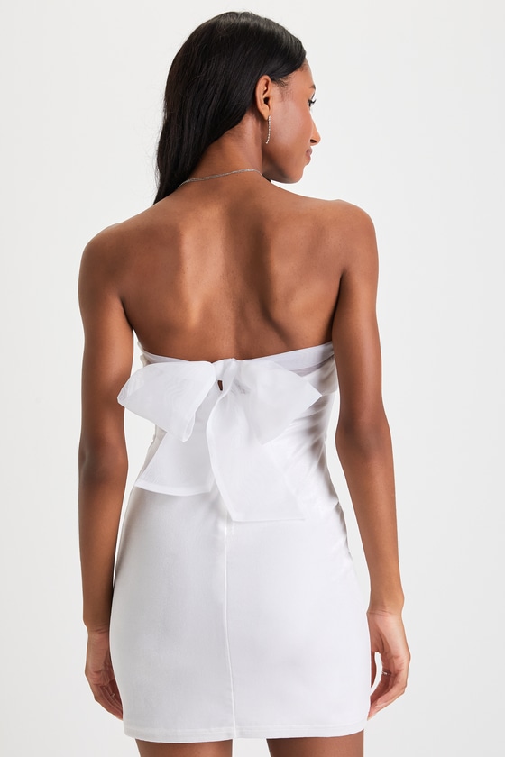 Stunning Situation White Velvet Strapless Organza Bow Mini Dress 2